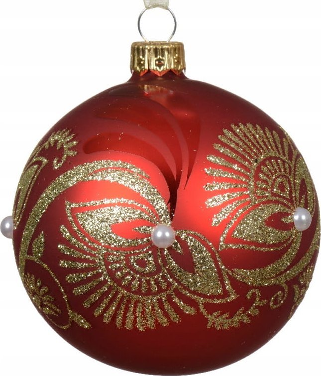Kaemingk Szklana bombka choinkowa 8cm Czerwono-złota z perełkami