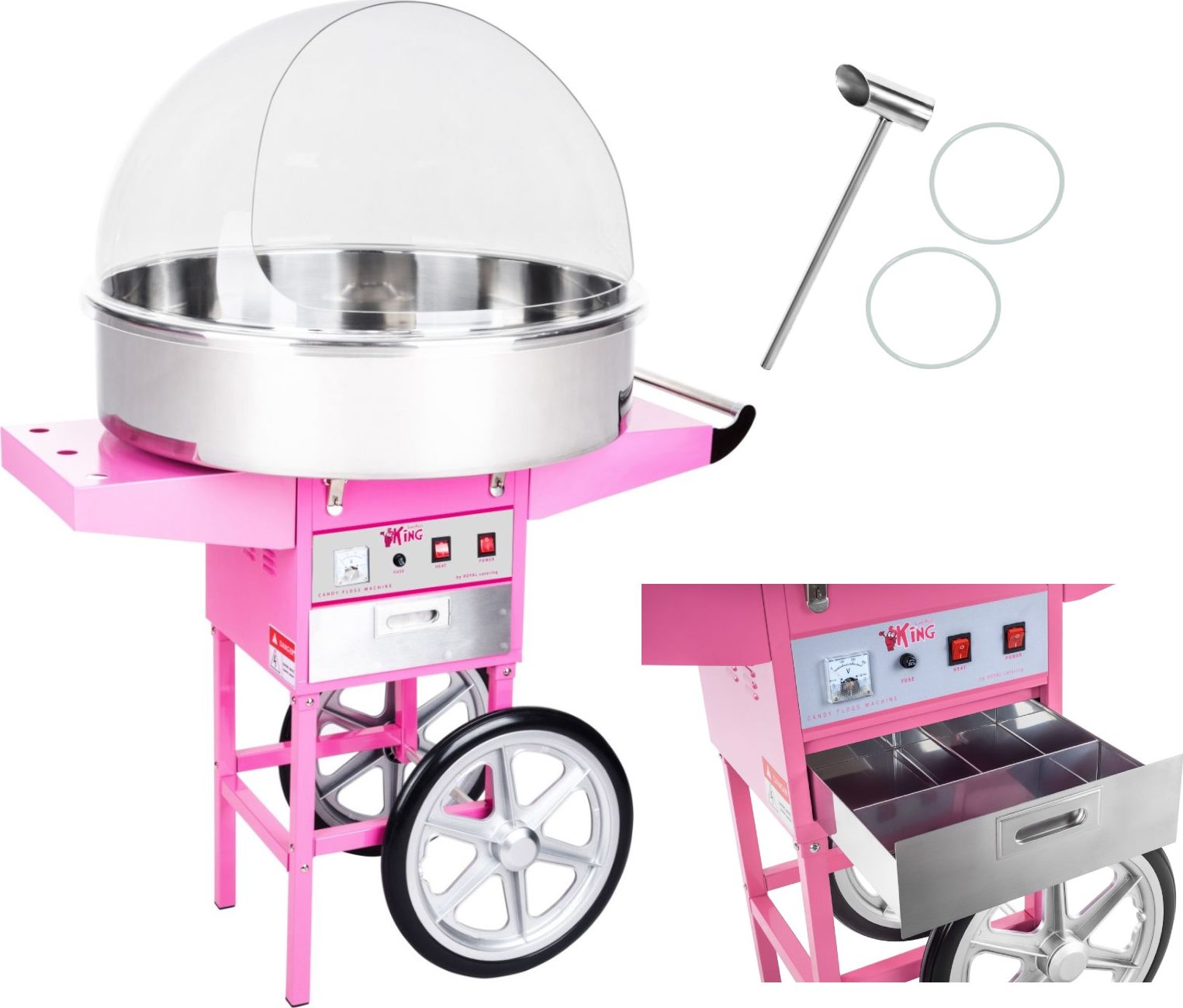 Royal Catering Mobilna maszyna do waty cukrowej z wózkiem na kółkach DUŻA