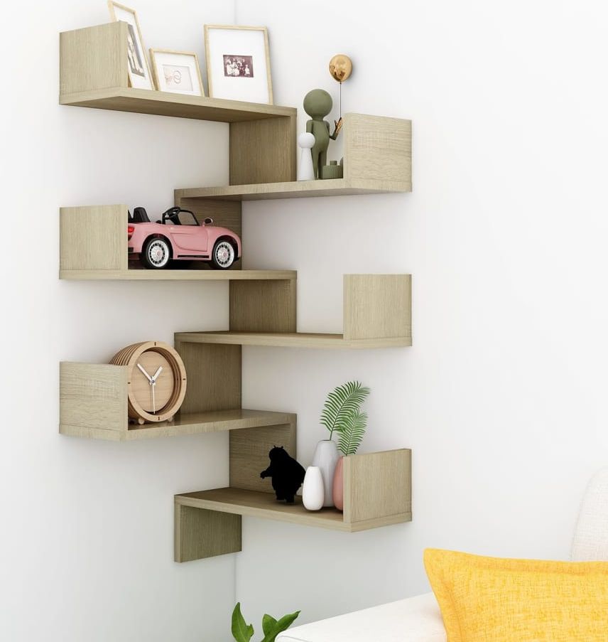 vidaXL Półki ścienne narożne, 2 szt., dąb sonoma, 40x40x50 cm, płyta