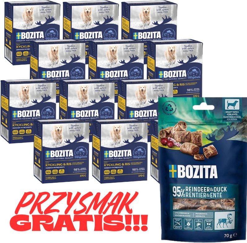 BOZITA Dog: Kurczak i ryż w galarecie 12x370g + BOZITA Meaty Bites renifer z kaczką przysmak pies 70g GRATIS!!!