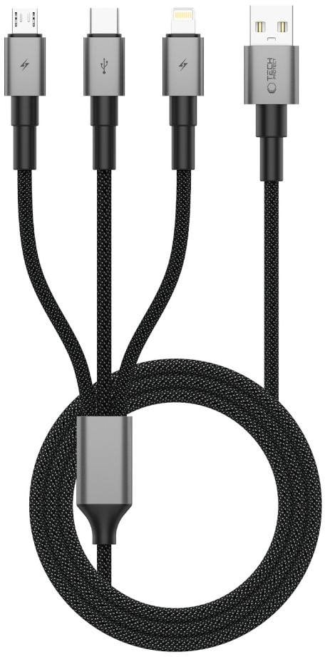 Kabel USB Tech-Protect USB-A - USB-C + microUSB + Lightning 1.2 m Szary (5906302330294)