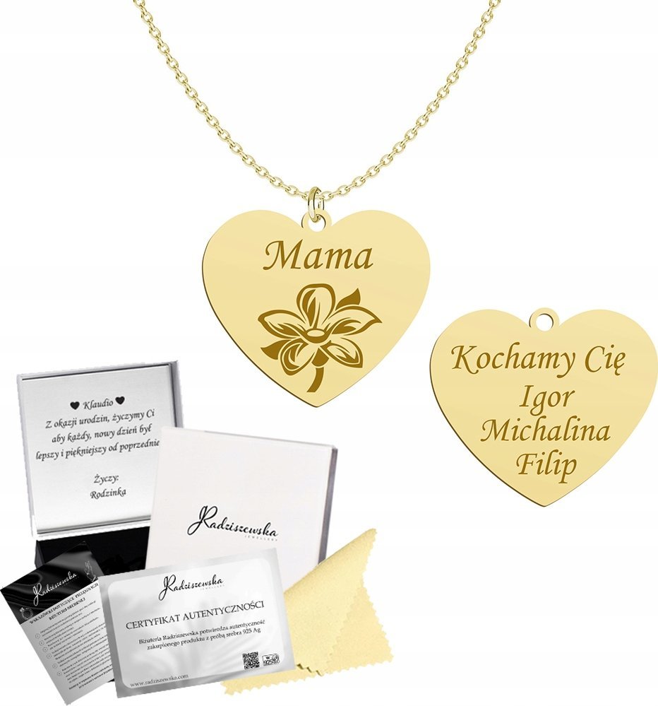 Radziszewska Jewellery Złoty Naszyjnik Serce Imię Dziecka Prezent dla Mamy 925 GRAWER GRATIS