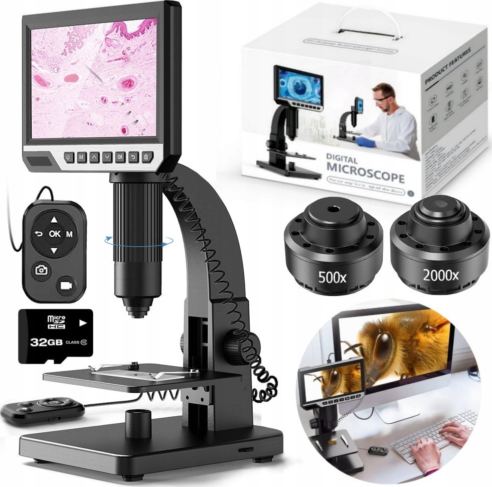 MIKROSKOP CYFROWY PROFESJONALNY 2000x 12MP 11LED EKRAN HD 7" 32GB MicroSD