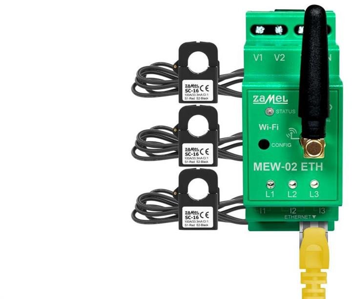 Monitor energii elektrycznej ETHERNET + Wi-Fi 3F+N Supla MEW-02 ETH/SC-16 +3 przekładniki SC-16 100 A SPL10000049