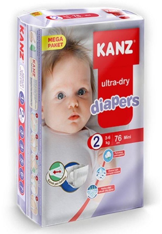 Pieluchy dziecięce bawełniane baby dry rozmiar 2 mini 3-6kg 76 szt kanz