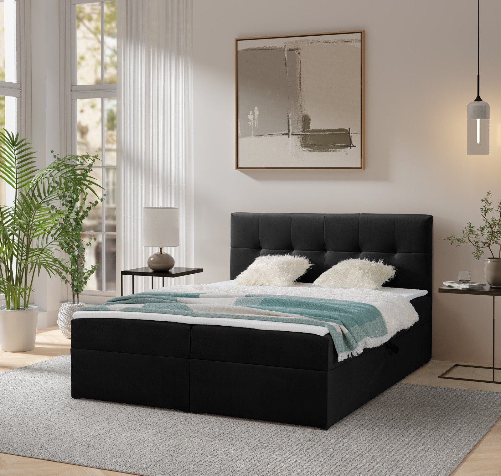 Łóżko kontynentalne Toronto 140200 (Amor Velvet 4322 - Czarny) z materacem bonell i topperem