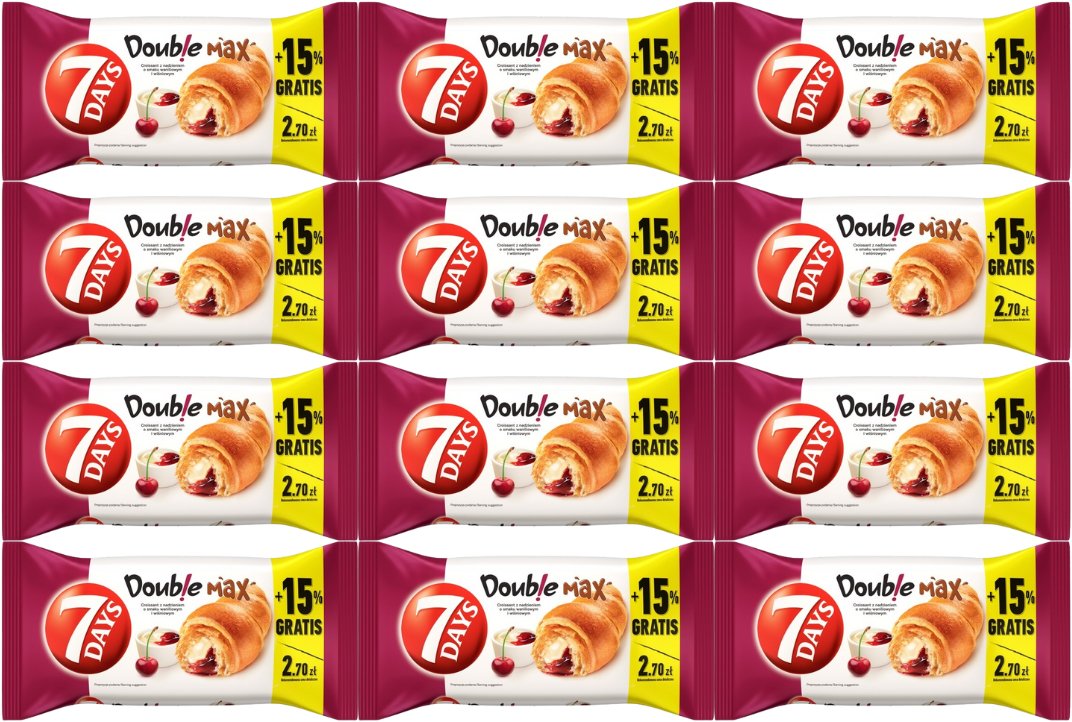 7 Days Doub!e Super Max Rogalik z nadzieniem o smaku waniliowym i wiśniowym 110 g x 12 sztuk