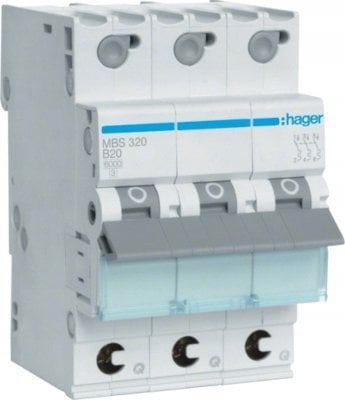 Hager circuit breaker 3p. B-20A,6kA,3M QC MBS320