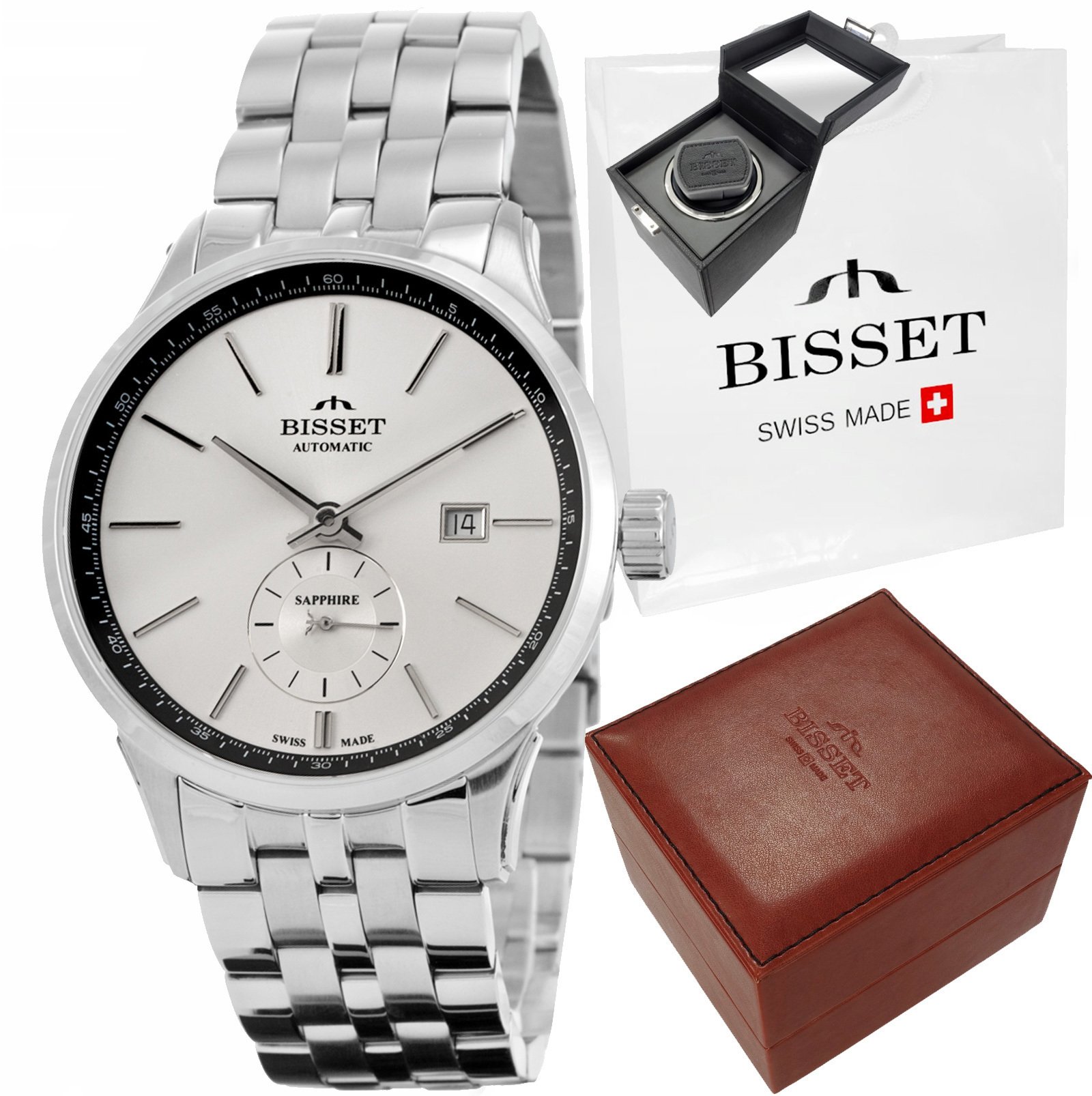 Zegarek Bisset Szwajcarski zegarek męski AUTOMAT AMBER szklany szafir srebrny st