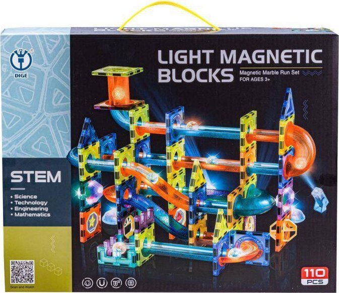 DK Świecące Klocki Magnetyczne, Tor Kulkowy Dla Kulek 110 Elementów Kulodrom