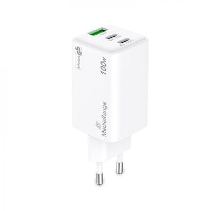 MediaRange Ladegerät 100W 3-Port 2x USB-C u. 1x USB-A, weiß