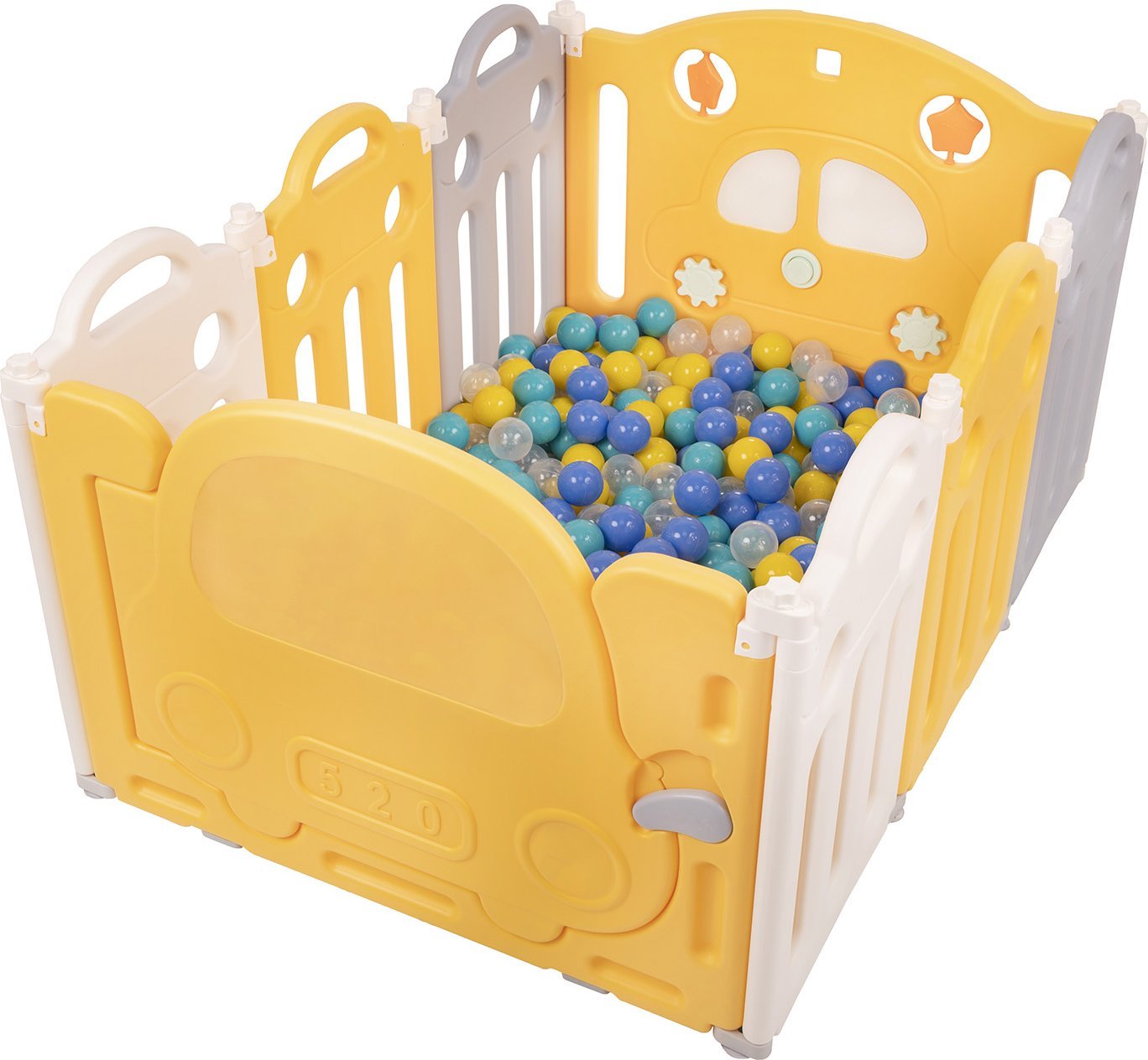 Selonis Kojec plastikowy KS-200X z piłeczkami biało-żółty: turkus-niebieski-żółty-transparent 120x80x60/500piłek Zabawka boks