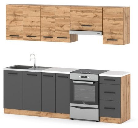 Meble Kuchenne Mokka 2.4m Komplet Modułowy Nowoczesny Szary Dąb Wotan