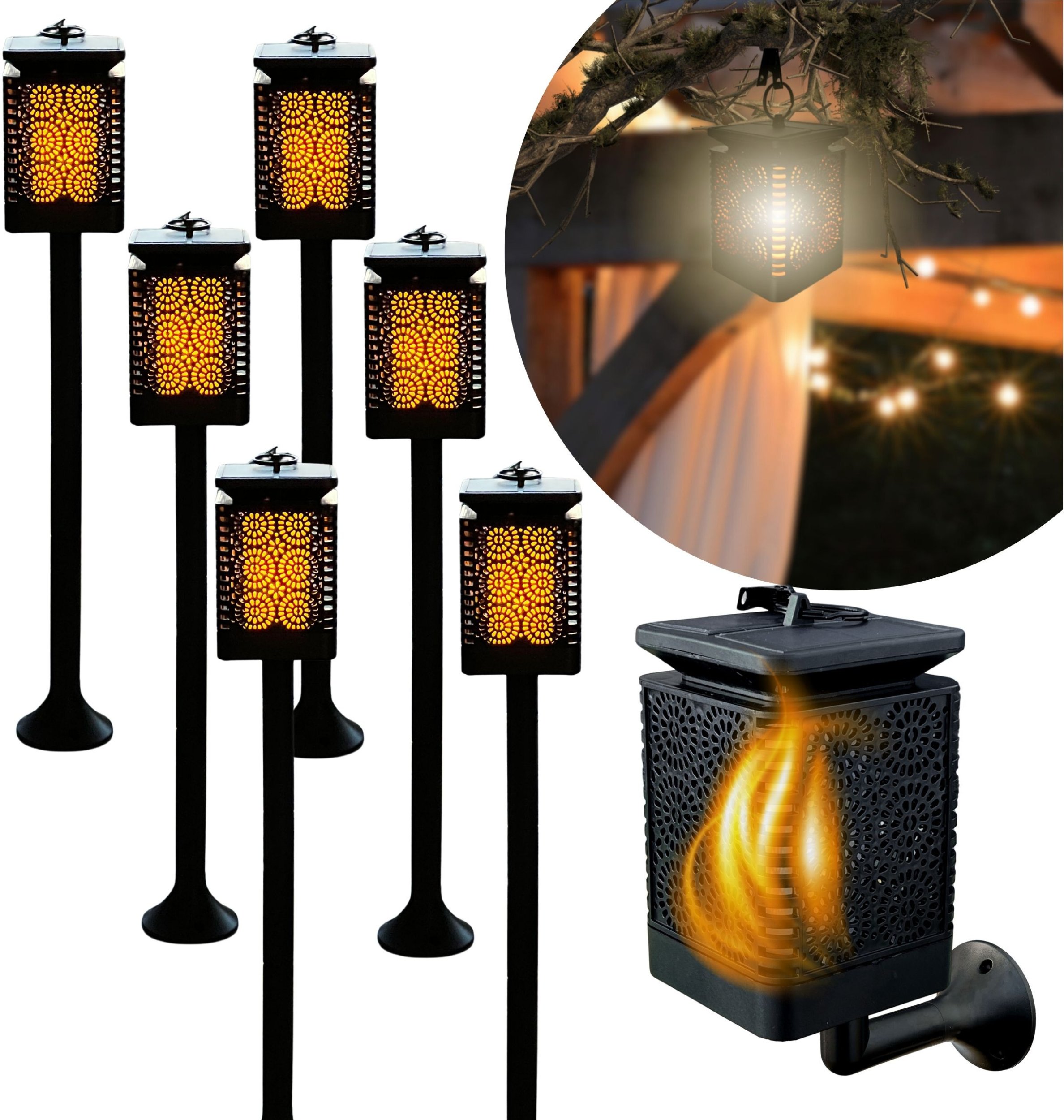 BLIXTAR 6x Lampa Solarna 3w1 Ogrodowa LED, Lampion, Pochodnia Efekt Płomienia Latarnia