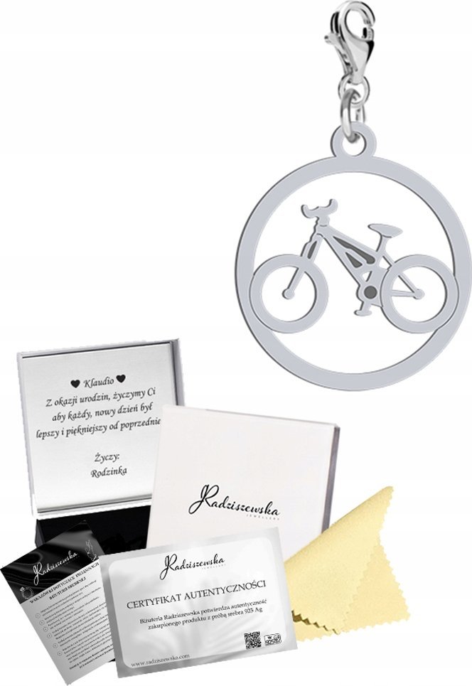 Radziszewska Jewellery Charms Srebrny ROWER Karabińczyk 925 Prezent Kobieta ŻYCZENIA GRATIS