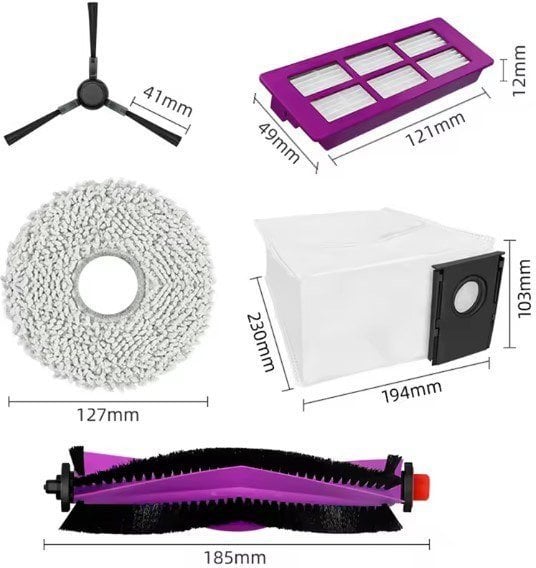 Midea V15 Spare Parts kit: 1x Side Brush, 2x Mop Pad, 1x Roller Brush, 1x Filter, 1x Dust Bag