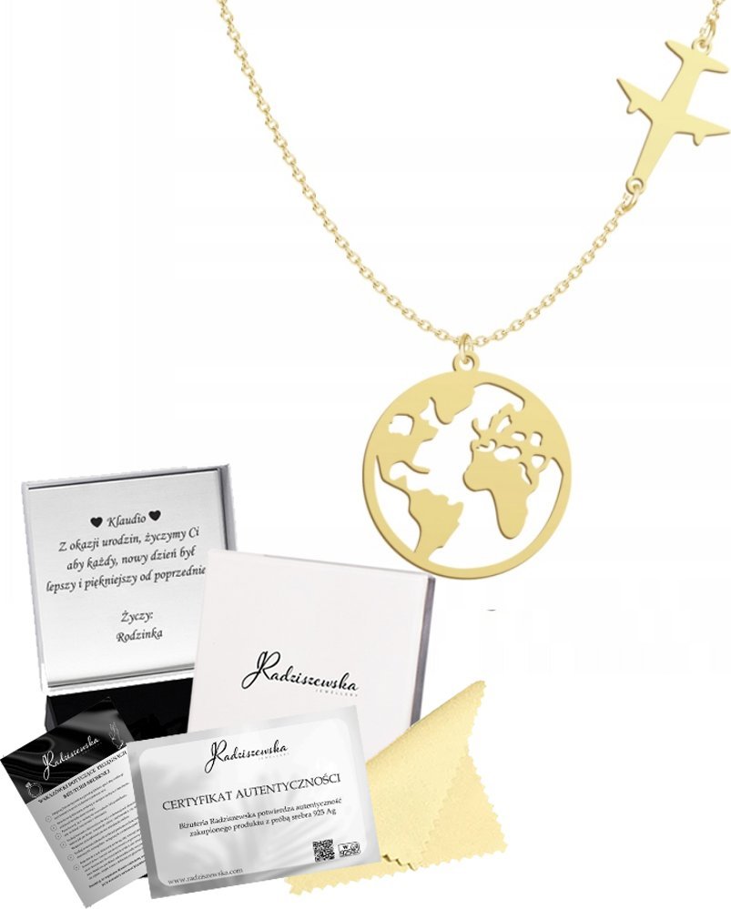 Radziszewska Jewellery ZŁOTY NASZYJNIK KULA ZIEMSKA SAMOLOT ŚWIAT SREBRO 925 PREZENT DEDYKACJA
