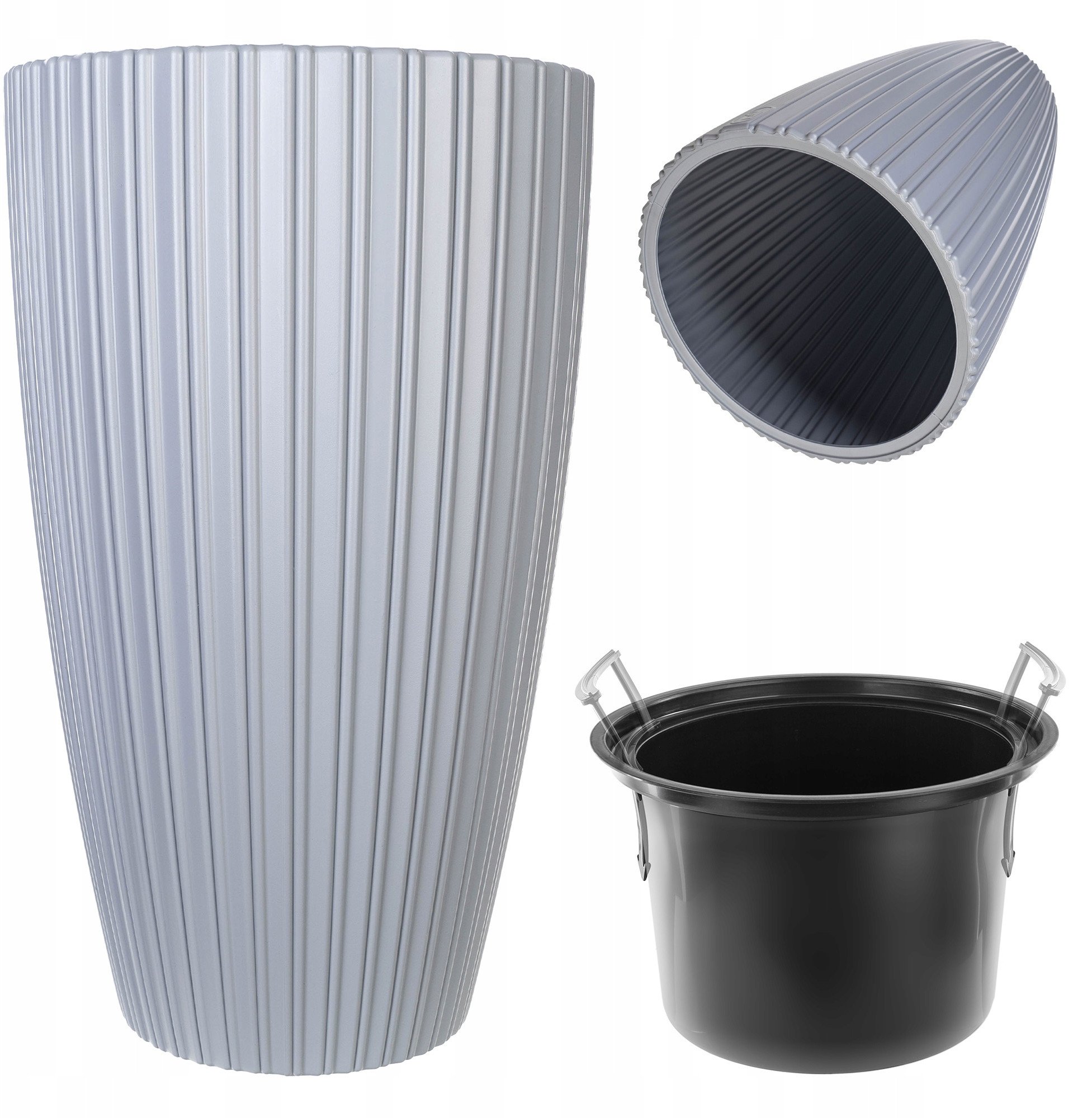 KADAX Doniczka Donica Na Kwiaty 30cm Osłonka Z Wkładem Kwietnik Plastikowa szara