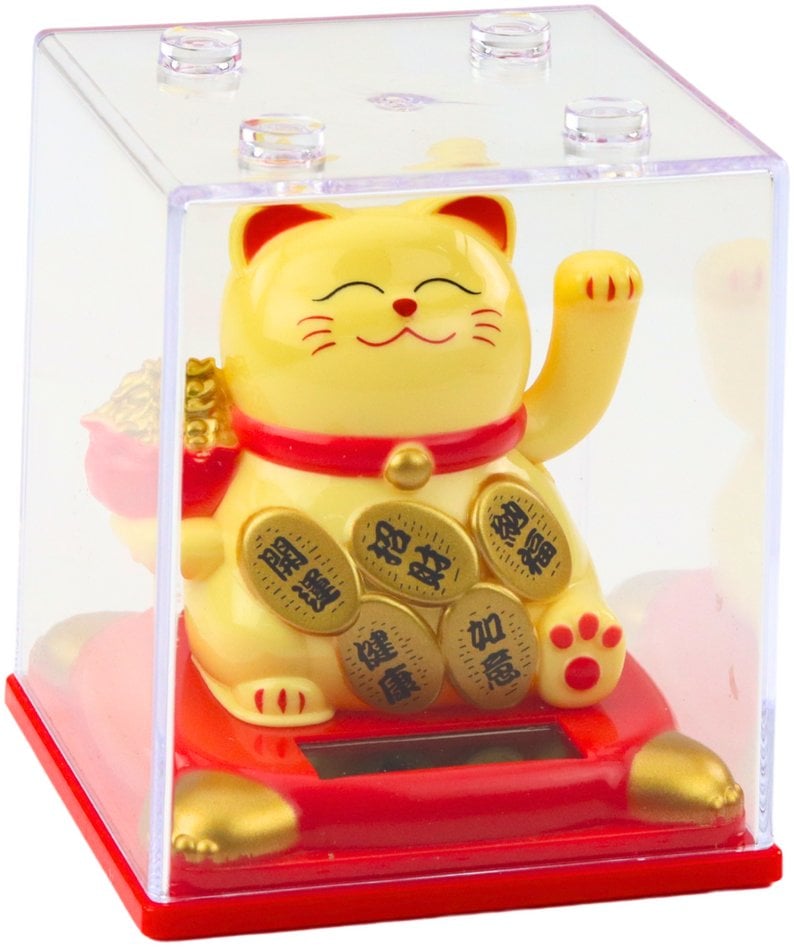 Chiński Kot Szczęścia W Gablocie Figurka Solarna Ozdoba Beżowy