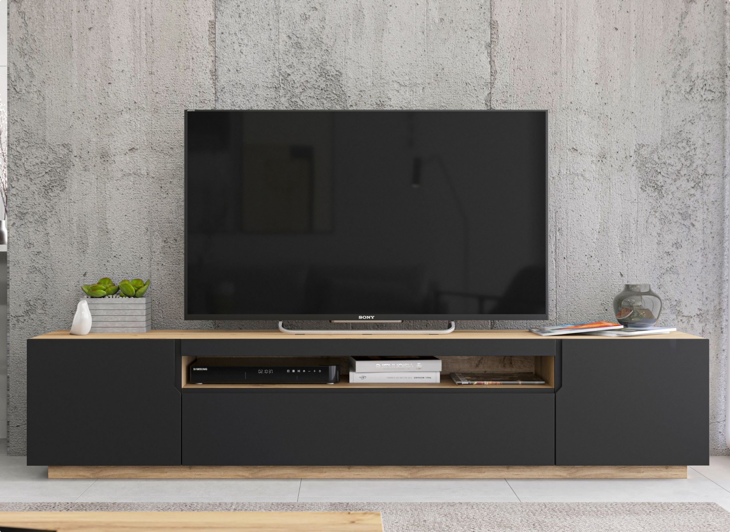 Meble Lindner Loft Industrialna szafka RTV Dąb artisan czarny MAT 200 cm