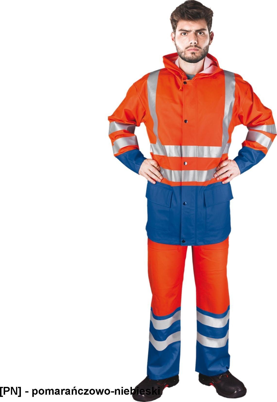 R.E.I.S. KPLPUFLUO - komplet przeciwdeszczowy bluza + ogrodniczki, kaptur, wysoka wytrzymałość - pomarańczowo-niebieski 3XL