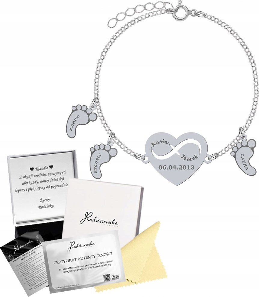 Radziszewska Jewellery Bransoletka Srebrna Serce Stópki z Grawerem Łańcuszek Prezent 925 ŻYCZENIA