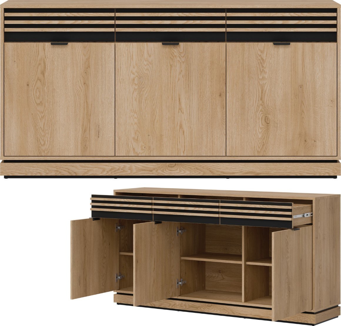 Komoda duża trzydrzwiowa z szufladami Lamele Dąb Cremona Czarny FERRO FE03