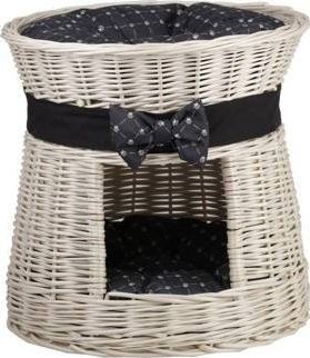 WickerPL Buda dla Kota, leżak dla zwierząt, domek dla kota z wikliny piętrowy, wybielany z poduszkami48 H43 cm