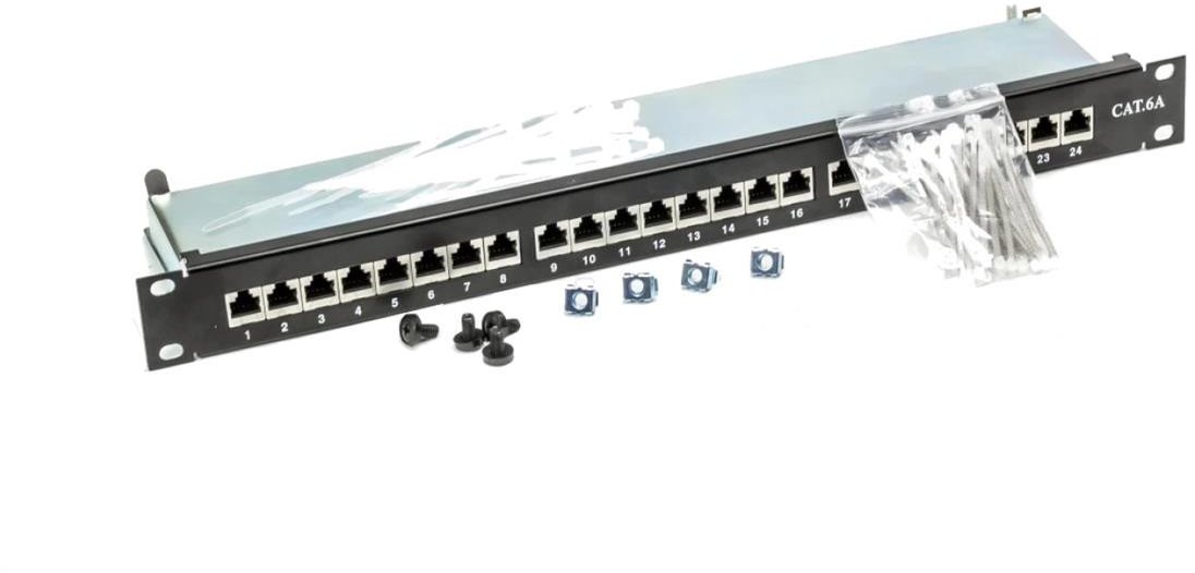 Patch panel RACK 19 kat.6A 24p FTP z półką 1U czarny