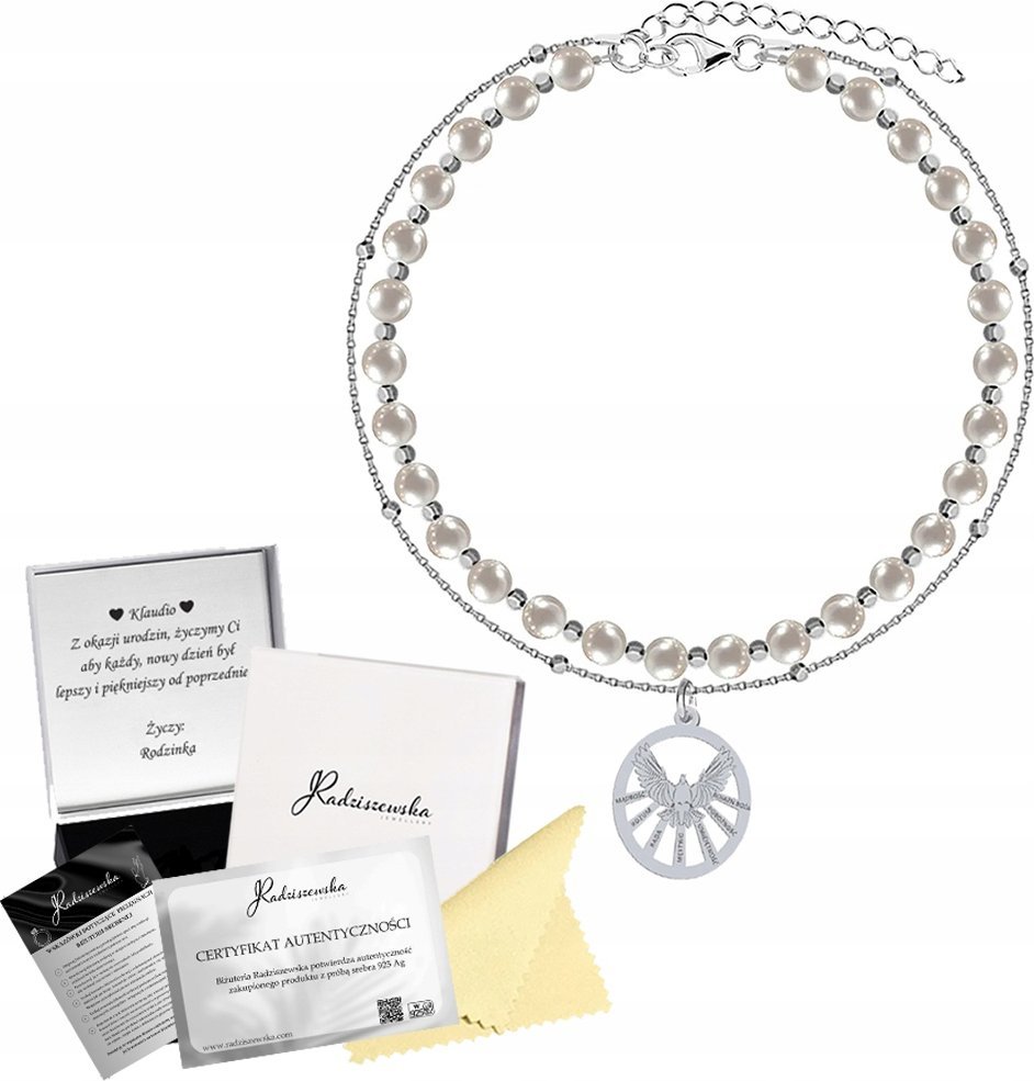 Radziszewska Jewellery Bransoletka Srebrna na Bierzmowanie Duch Święty Perły Prezent 925 DEDYKACJA