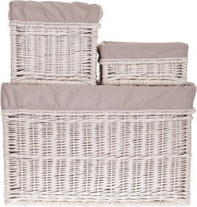 WickerPL Zestaw koszy wybielanych obszytych szarą tkaniną S 30x30 H15 M 30x30 H30 L 60x40 H40