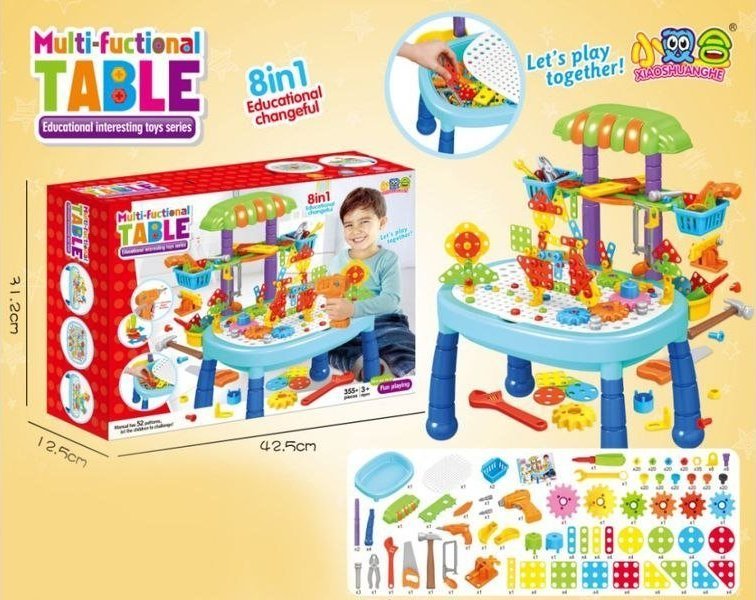 Multifunkcyjny Stolik + Narzędzia, Wkrętarka + Kreatywna Mozaika 355el. Zestaw Konstrukcyjny