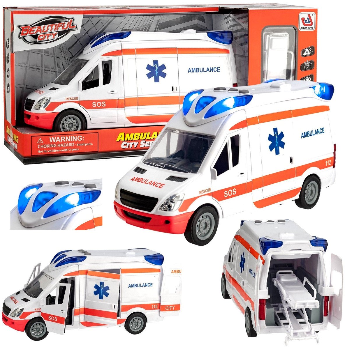 Auto Karetka Pogotowia Ambulans Van bus Napęd Dźwięki Otwierane Drzwi z noszami