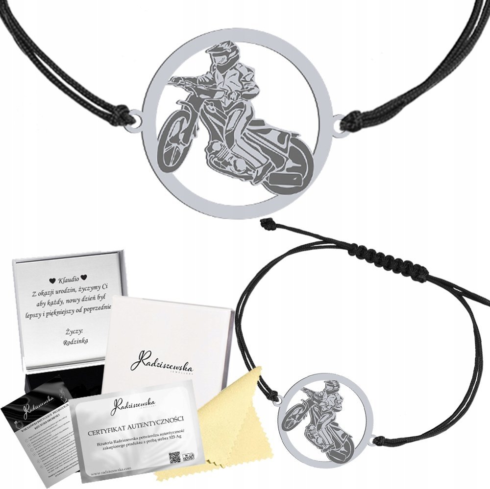 Radziszewska Jewellery Bransoletka Srebrna Speedway Żużel Sznurek Prezent Biżuteria GRAWER GRATIS