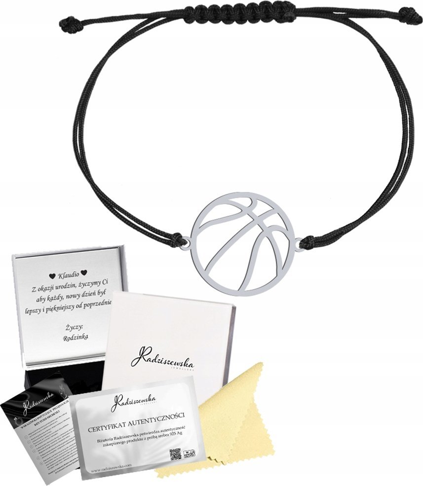 Radziszewska Jewellery Bransoletka Srebrna Piłka do Koszykówki 925 Sznurek DEDYKACJA GRATIS