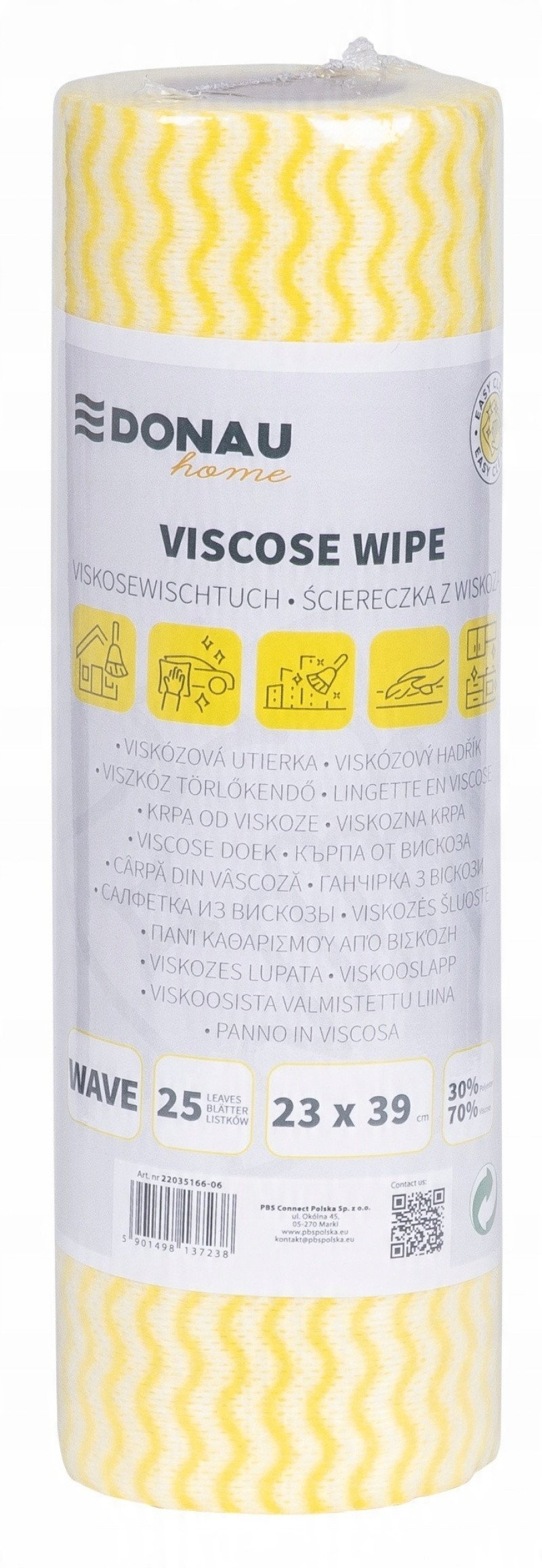 Ścierka DONAU HOME, z wiskozą 70%, rolka, fala, 23x39cm, 25 listków, żółta