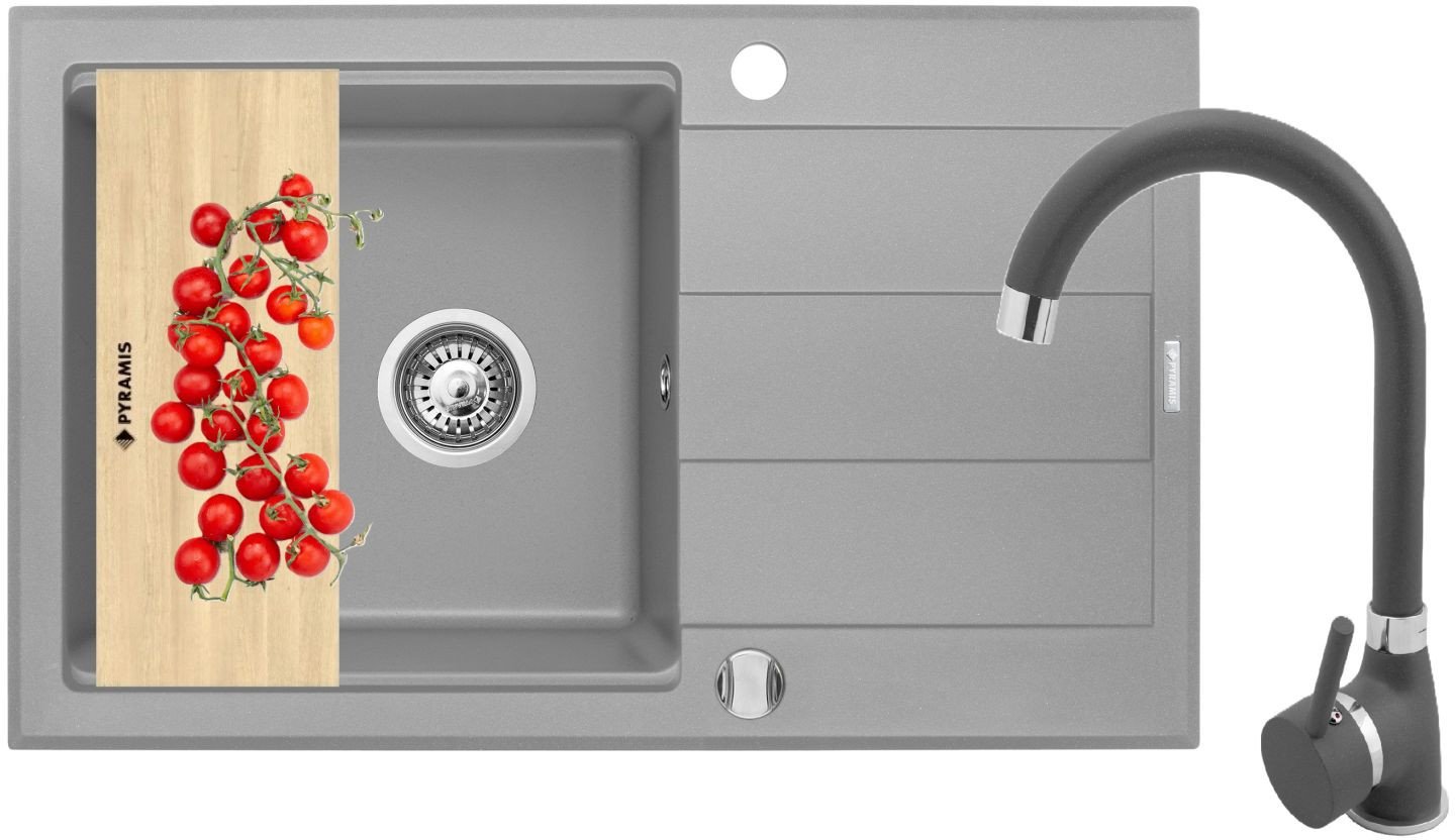 Pyramis Zlew. SPARTA PLUS LUX (78x48) 1B 1D, szary-beton + Bateria BELLO