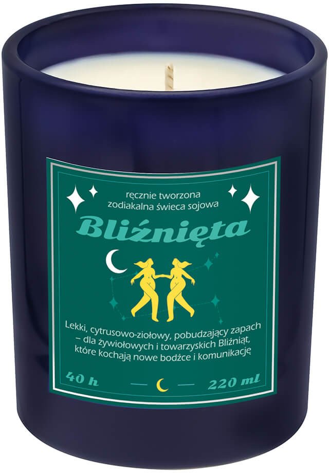 Świeca zodiakalna sojowa naturalna zapachowa BLIŹNIĘTA - bezpieczna, ręcznie robiona w szklanym słoiczku na prezent upominek dla osoby ze znakiem zodi
