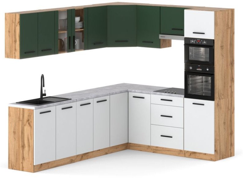 Kuchnia Marra Narożna Duża Z Blatem 4.6m Wotan Butelkowa Zieleń Biała Mat