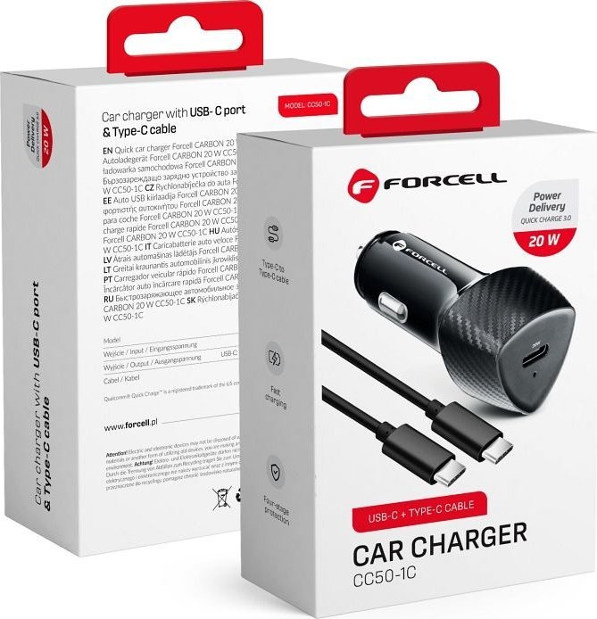 Ładowarka ForCell FORCELL F-ENERGY Carbon CC50-1C ładowarka samochodowa Typ C + kabel Typ C do Typ C PD 3A 20W czarna