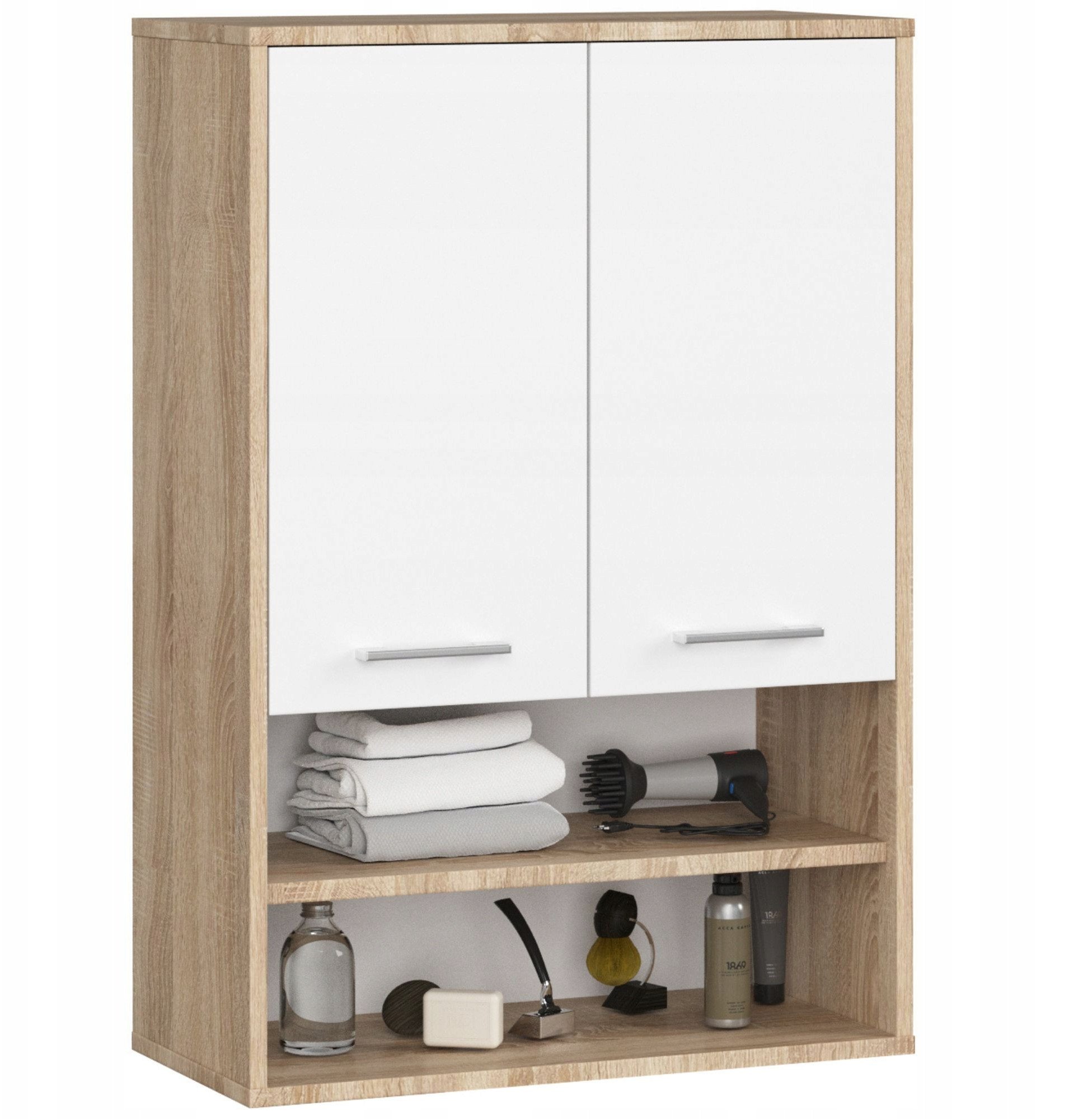 Szafka wisząca łazienkowa FIN 64 cm 2 drzwi 4 półki otwarta - sonoma biała