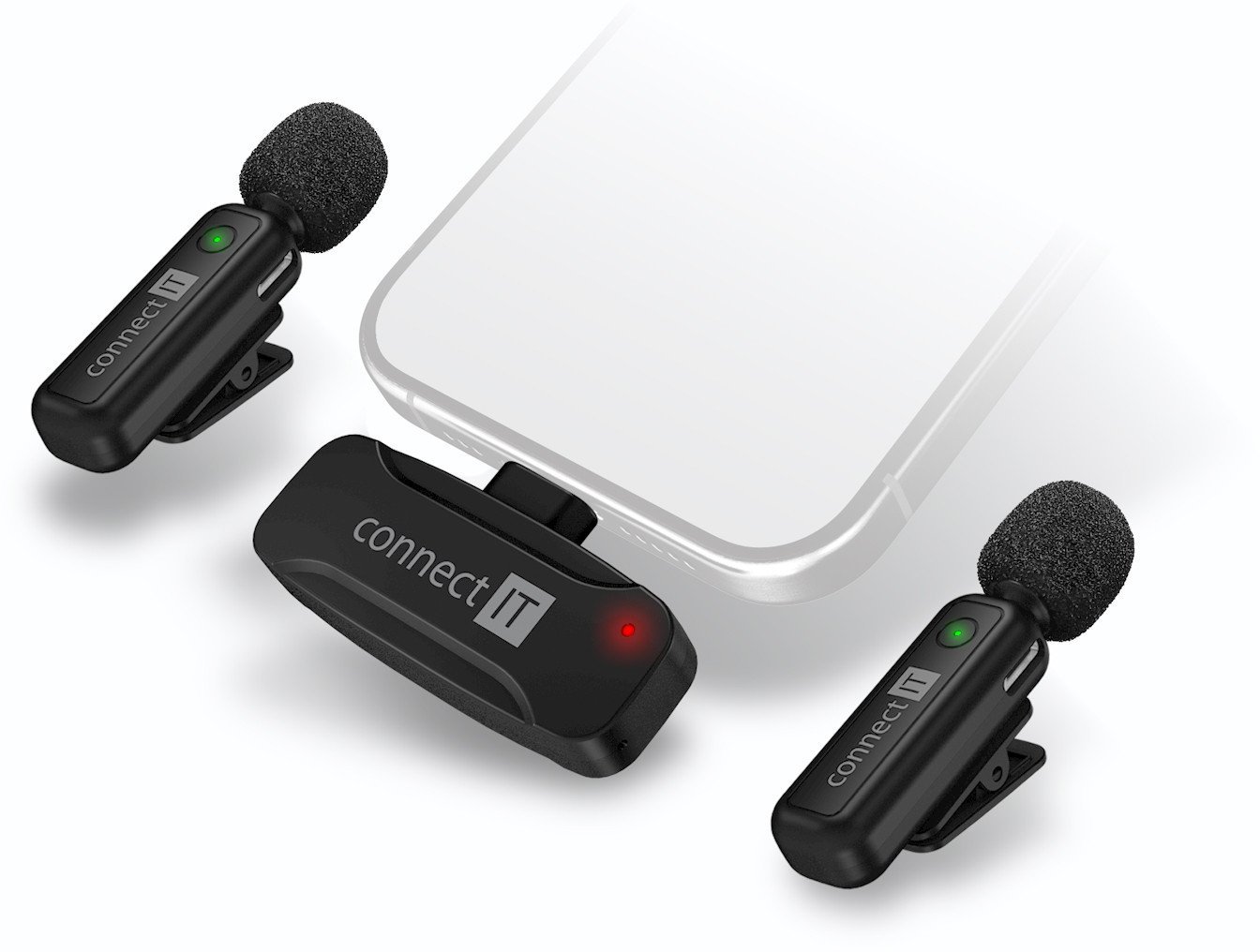 CONNECT IT Mikrofon ClipMic, 2x Bezdrátový Lavalier mikrofón s přijímačem, Lightning konektor, černá