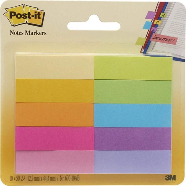 3M ZAKŁADKI INDEKSUJĄCE POST-IT 12,7X44,4MM 670-10AB PAPIEROWE 10X50 KARTEK NEONOWE