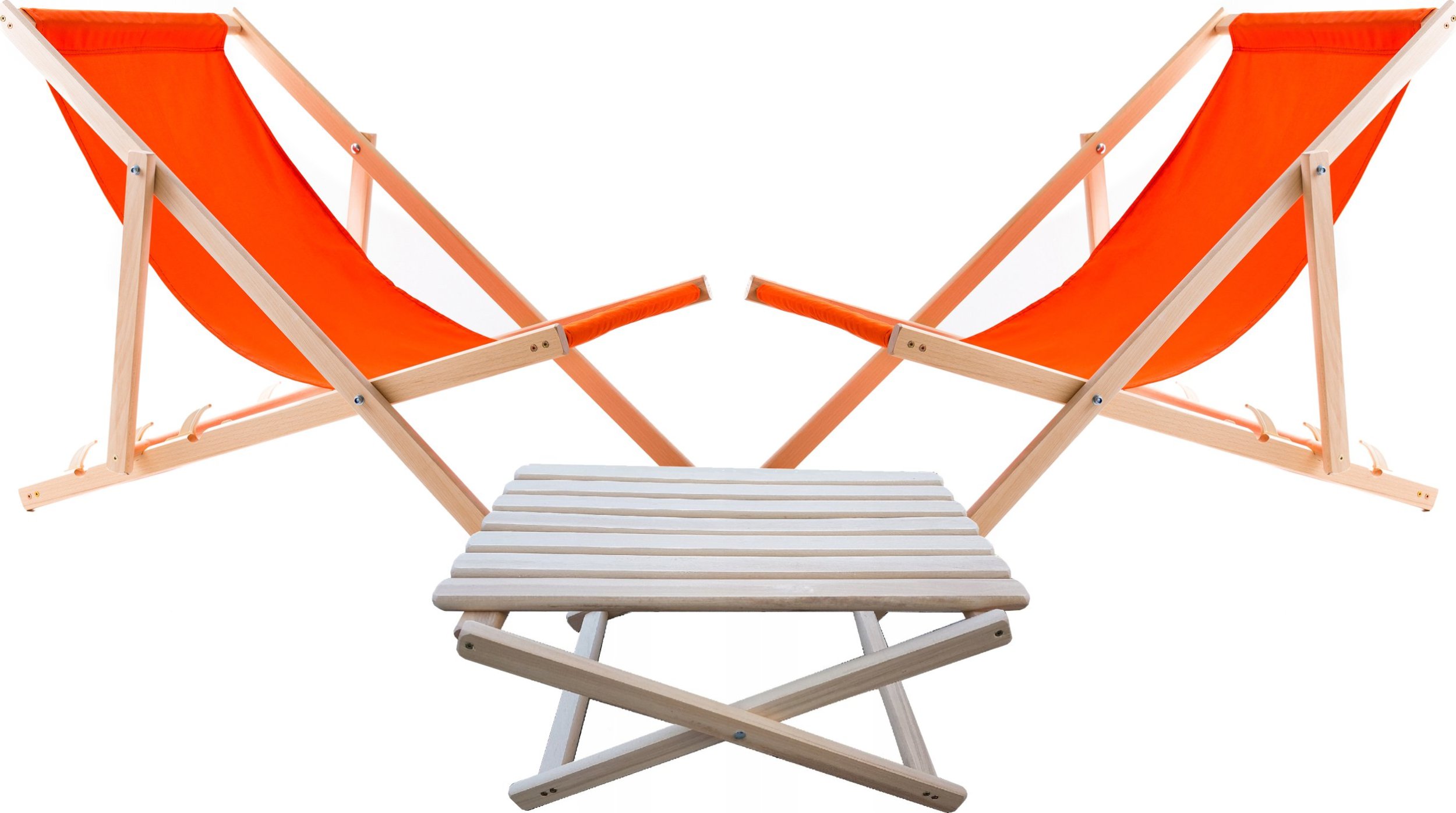 2X LEŻAK PLAŻOWY OGRODOWY DREWNIANY WOODOK pomarańczowa tkanina + STOLIK KAWOWY SKŁADANY