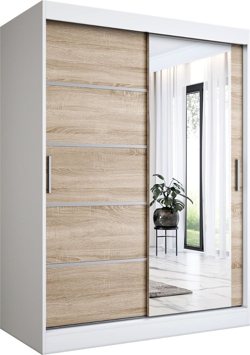 MKPOL Szafa przesuwna MODUO COMFORT 2 150 biała mat/dąb sonoma z lustrem