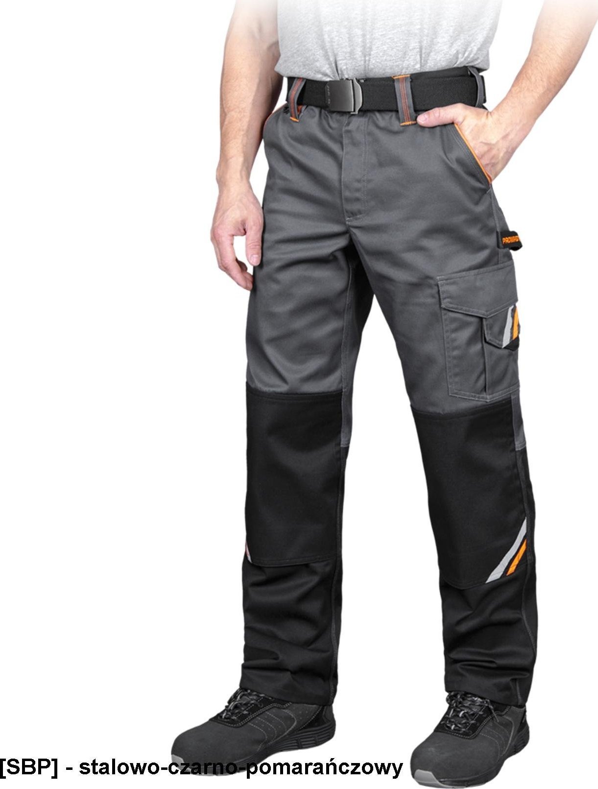 R.E.I.S. PROX-T - spodnie ochronne do pasa PROX, guzik, zamek, 6 kieszeni, na nakolanniki, odblaski, 65% poliester, 35% - stalowo-czarno-pomarańczowy
