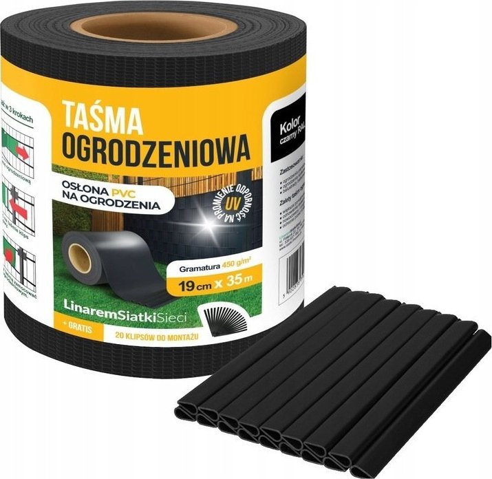 Linarem SiatkiSieci TAŚMA OGRODZENIOWA CZARNA 19cmx35m OSŁONA NA OGRODZENIE PANELOWE PŁOT +UV