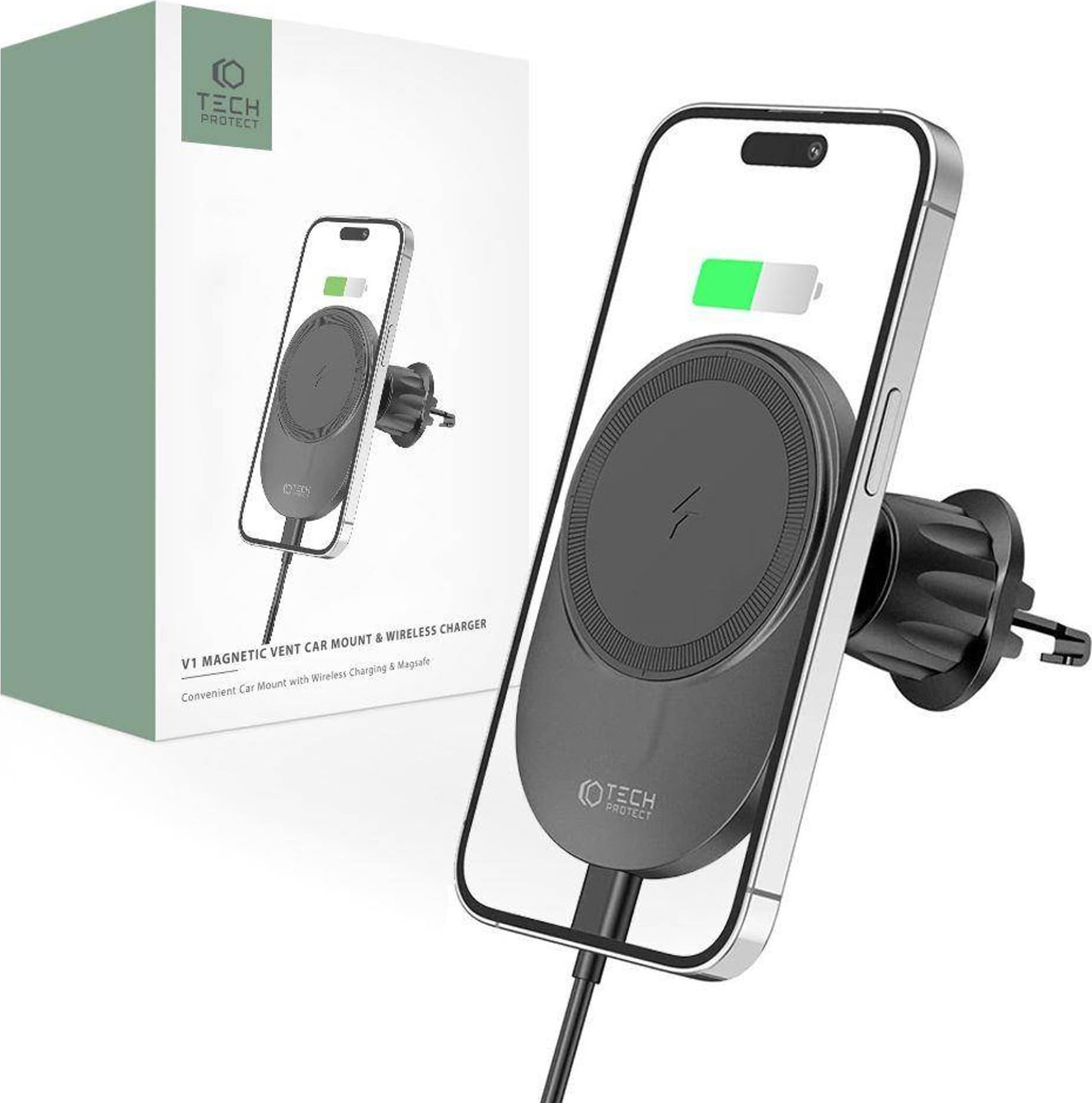 Tech-Protect Magnetyczny Uchwyt Samochodowy MagSafe z Ładowaniem Bezprzewodowym 15W do Kratki Nawiewu Tech-Protect MM15W-V1 czarny