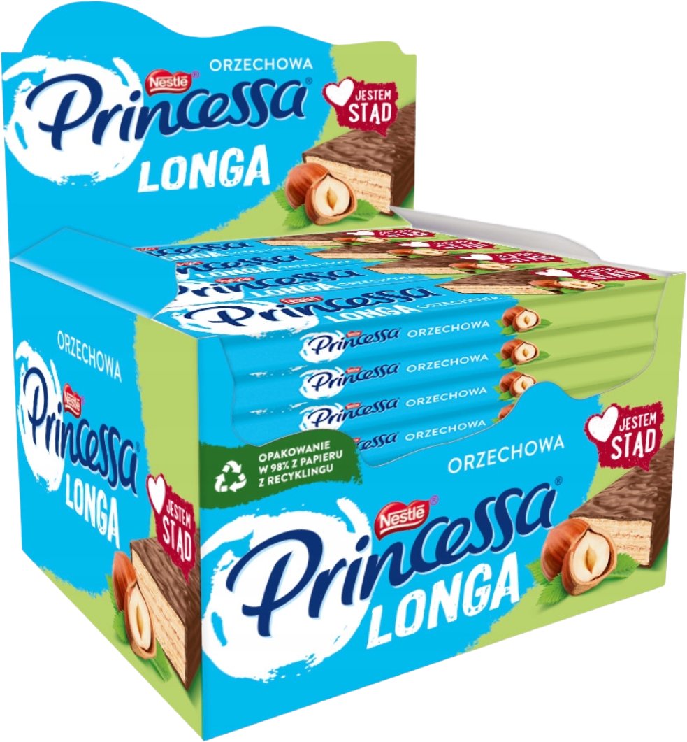 Princessa Longa Wafel przekładany kremem orzechowym oblany mleczną czekoladą 40 g x 30 sztuk