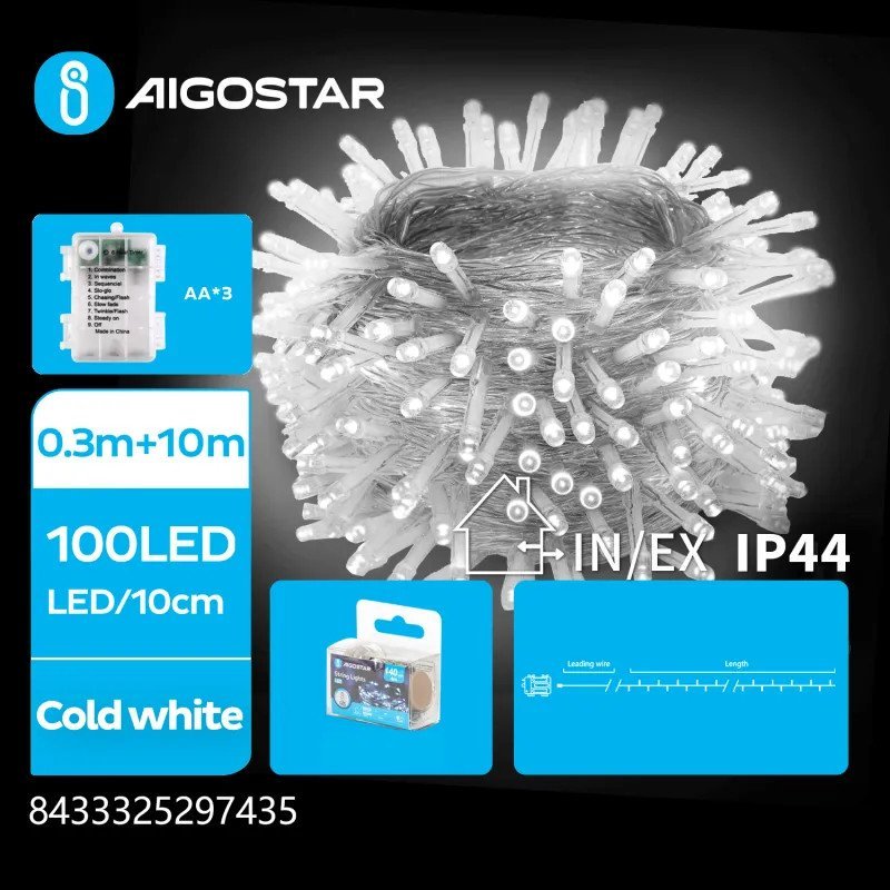 Lampki choinkowe Aigostar Lampki choinkowe ozdobne na 3 baterie AA, Zimna biel, 10m Płaska taśma świetlna na 3 baterie AA, Zimna biel, 10m